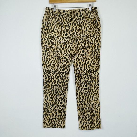 Chico's So Slimming Leopard Print Twill Stretch Elastic Pants‎ Womens 1 Medium 8 - Picture 1 of 6